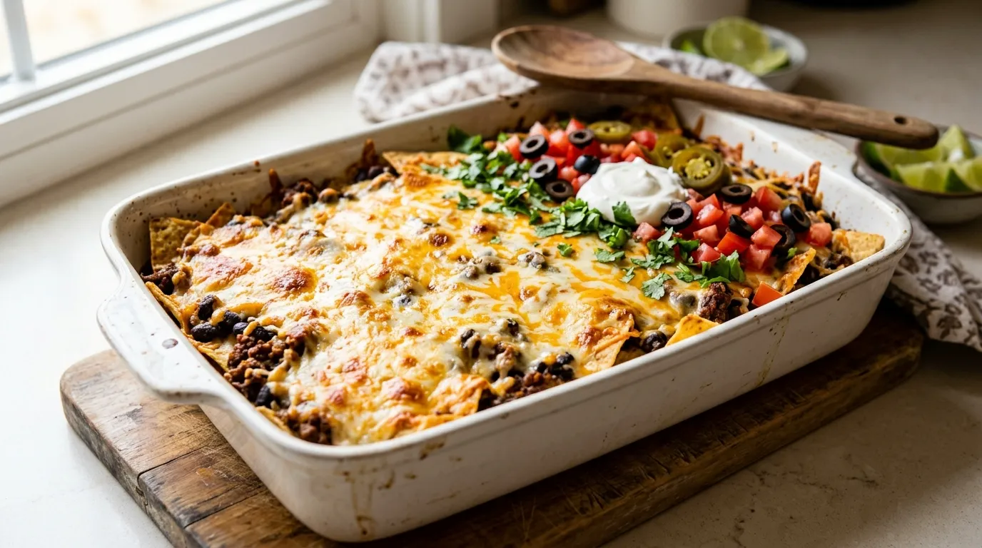Easy taco ground beef casserole recipe with melted cheese and fresh toppings